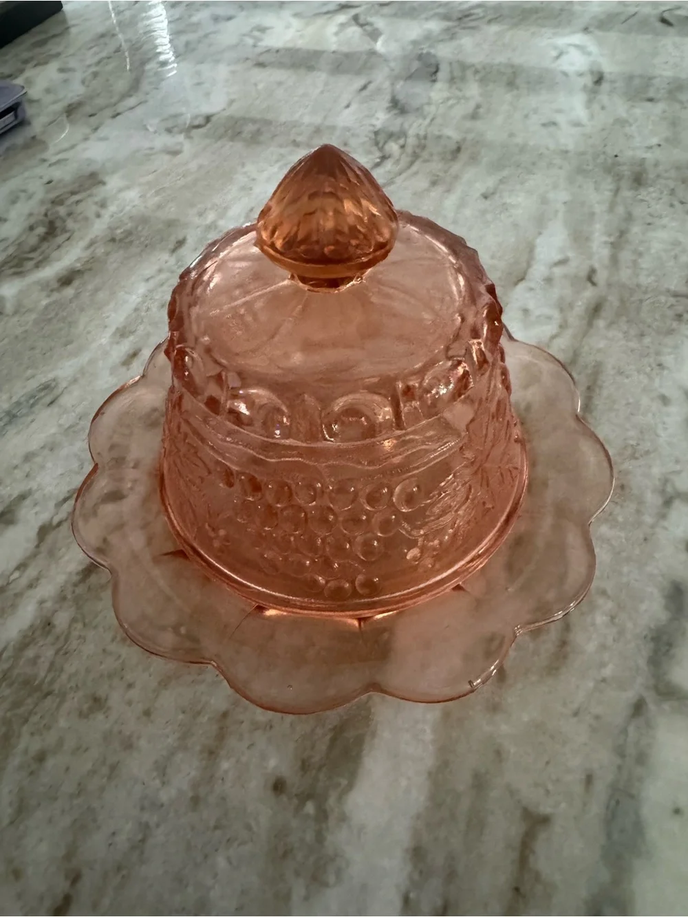 Pink Pressed Glass Covered Butter Dish with Scalloped Base